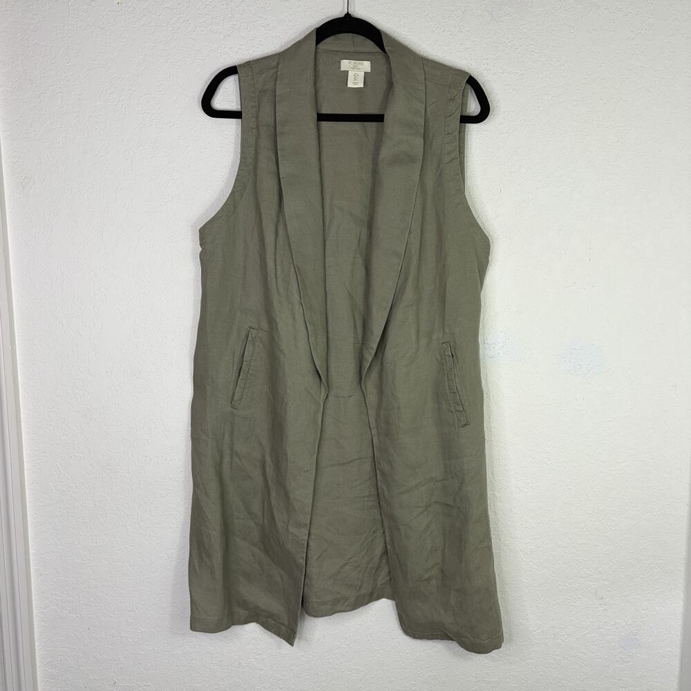 St. Tropez West 100 % Linen Mid Cardigan Open Front Sleeveless Size US L, green